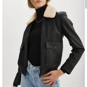LaMarque Klemence Black Leather Aviator Bomber Jacket Shearling Collar Size S